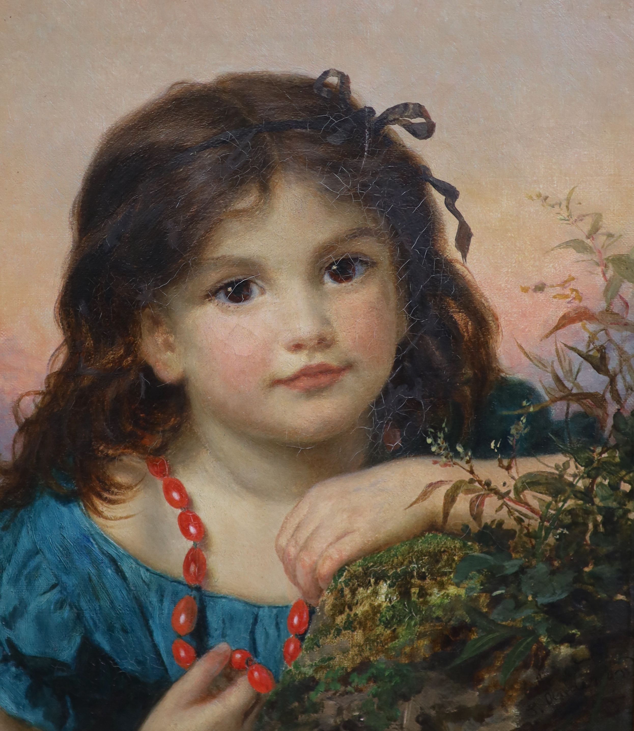 Sophie Anderson (1823-1903), Portrait of a girl with a rosehip necklace, oil on canvas, 30 x 25cm